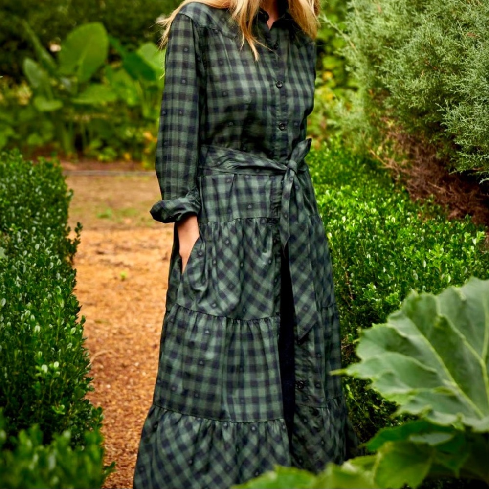 BILLY REID maxi shirt dress checkered fleur de lis cotton black green size L